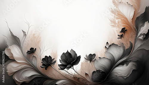 Ilustracja motyw kwiatowy. Czarne kwiaty na białym tle. Tapeta kwiaty, puste miejsce na tekst. Tło kwiatowe, abstrakcyjny wzór