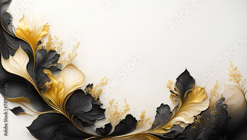 Ilustracja wzór kwiatowy. Czarne i złote kwiaty na białym tle. Tapeta kwiaty, puste miejsce na tekst. Tło kwiatowe, abstrakcyjny wzór. Dekoracyjny papier