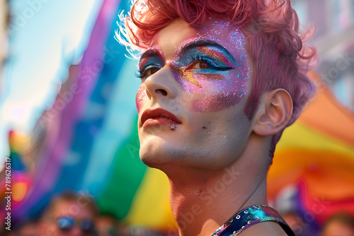 A person with pink hair and colorful makeup at a pride parade, symbolizing LGBTQ+ celebration and diversity.