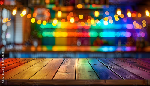 Vibrant indoor bar scene with rainbow flag and bokeh lights, ideal for LGBT pride event design and marketing.