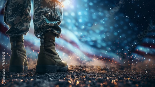 Military boots on a starry background with American flag. Heroism and sacrifice concept. Design for memorial day, veterans day banner, and poster