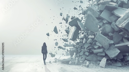 Woman Facing Exploding Wall of Concrete Blocks. Concept of overcoming obstacles and breaking through barriers