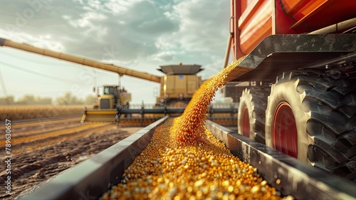 a corn auger on a combine harvester pouring corn grain into a tractor trailer, showcasing the agricultural harvest in progress.