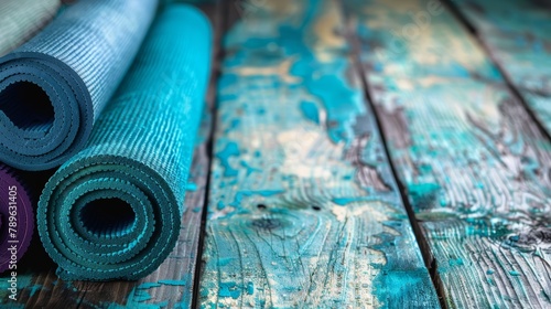 On an aged wooden surface, rest two yoga mats, their textures inviting a sense of tranquility and vitality. Ideal for yoga and pilates enthusiasts