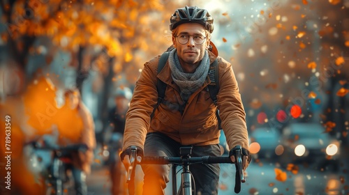 Focused Cyclist on Autumn City Path