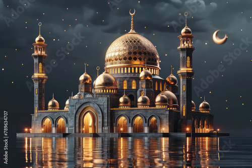 3D illustration of an elegant mosque with gold domes and minarets, glowing at night under the crescent moon light. The mosque is surrounded by water. Created with Ai