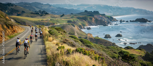 Competitors speed through picturesque coastal scenery in a thrilling bicycle race along the cliffs.