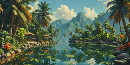Scenic view of a tranquil tropical lagoon with lush greenery and mountains