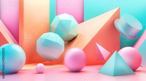 3D rendering of a colorful geometric composition. Pink, blue, and orange spheres and polyhedra on a pink and blue background.