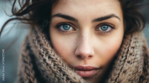 Close-up portrait of a beautiful young woman with blue eyes and wearing a brown scarf.
