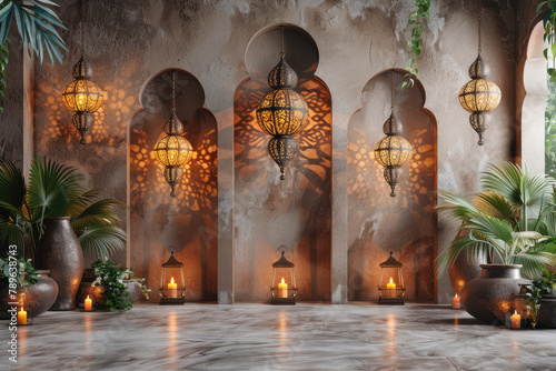 Arabic yoga studio, with hanging lanterns and plants, warm colors, arched windows. Created with Ai