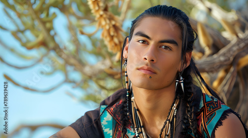 A Majestic Native American Man Exudes Confidence and Style: A Portrait of a Stylish Individual with Braided Hair and Jewelry Against a Bold Blue Background