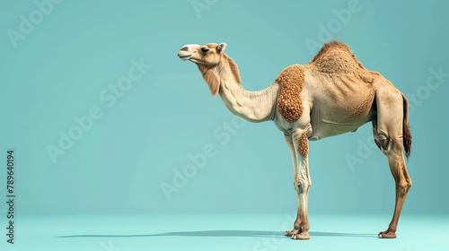 A camel standing in the desert. The camel is tan and has a large hump on its back. It is standing on the sand and looking off to the side.