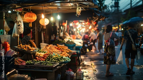 A vibrant night market with a variety of food stalls and people walking around.