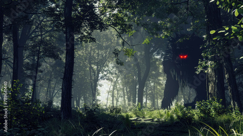 A pair of red eyes shine from the shadowy underbrush of a misty forest, creating an eerie atmosphere