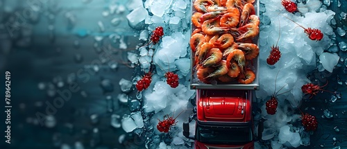 Miniature Chill: Fresh Shrimp Transport on Ice. Concept Fresh Seafood, Food Transport, Seafood Industry, Shrimp Transportation