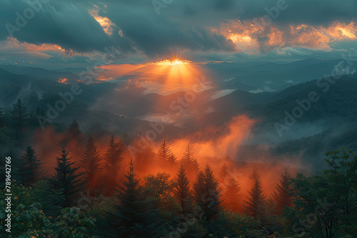 The golden rays of the sun shine through clouds, illuminating lush green mountains and misty forests below. Created with Ai