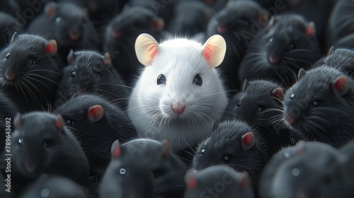 A white rodent stands out among black mice in the grassy wildlife event