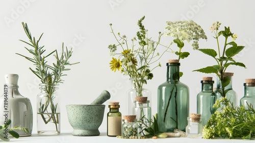 Homeopathic setup, featuring translucent glass vials with vibrant herbal extracts, variety of green medicinal herbs, a porcelain mortar and pestle against pure white backdrop. Homeopathic preparation
