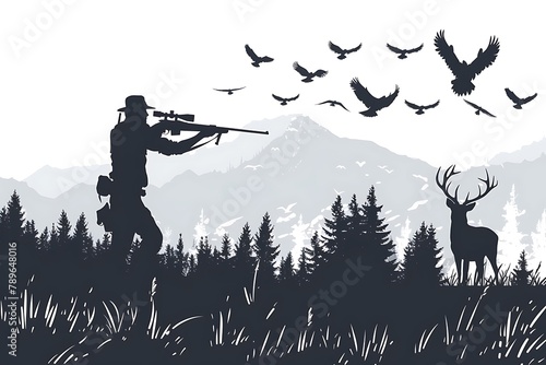 Hunting Silhouette Illustration. Hunter silhouette shooting flying birds and deer during hunting season monochrome flat vector illustration .