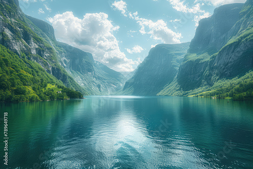 A stunning view of the Fjord in Norway, with its deep blue waters reflecting the majestic green mountains and clear skies. Created with Ai