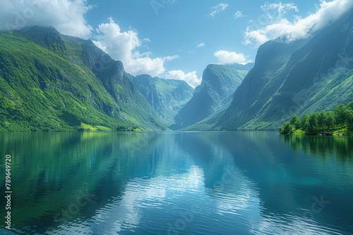 A stunning view of the fjords in Norway, with lush green mountains and crystal clear waters reflecting blue skies. Created with Ai