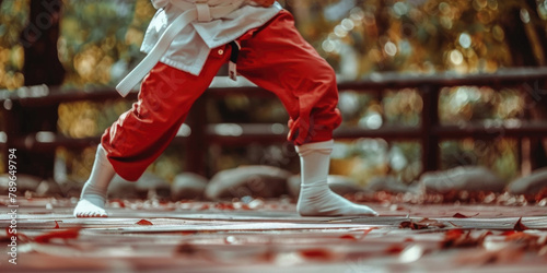 A person wearing red pants and a white shirt is executing a trick skillfully