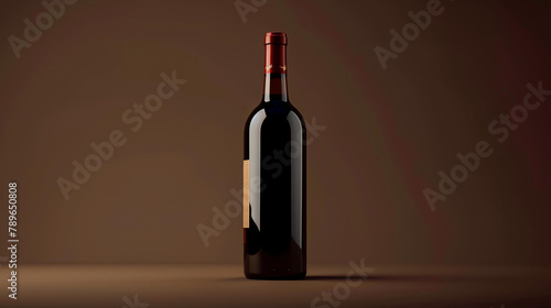 A bottle of red wine on a brown background. The bottle is dark green and has a red cap. The bottle is labeled with a white label with a black border.