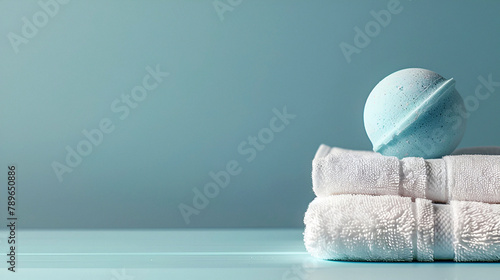 A bath bomb with a stack of towels on a blue background, copy space