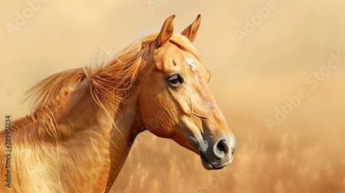 Portrait of a beautiful palomino horse with long flowing mane and tail, standing in a field of golden wheat.