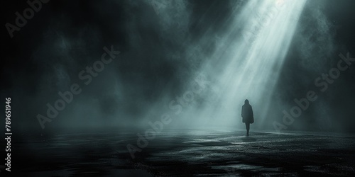 In the night, a solitary man walks through the fog, engulfed by feelings of loneliness