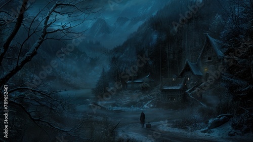 Lone traveler with luggage on the path leading to the house in the middle of the mountains and forest at night..