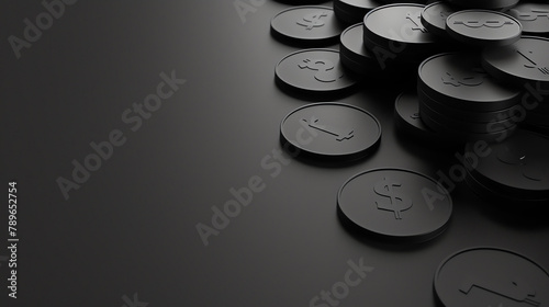 Black coins with currency symbols on a black background.