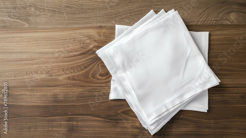 White cloth napkins are neatly folded and stacked on a rustic wooden table.