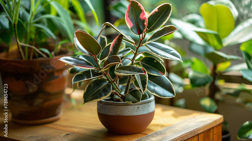 Variegated rubber plant leaves with red edging