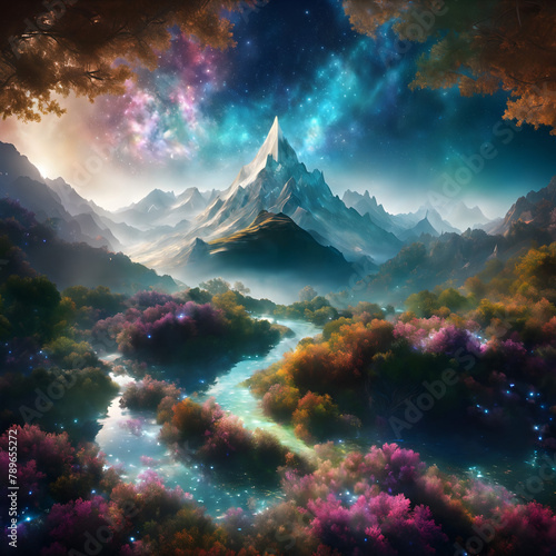 Mystical Peaks Under Starlight: A Vision of Surreal Shangri-La's Splendor