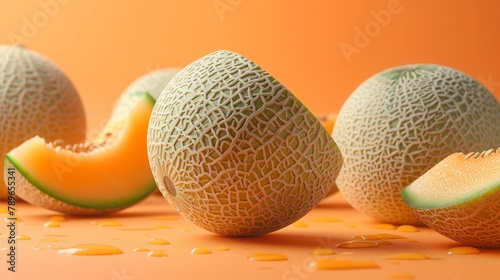 Stacked cantaloupes on table, ripe fruit from terrestrial plant