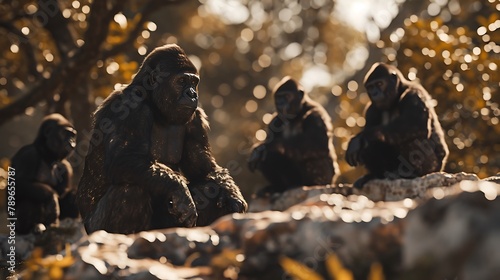 A Troop of Gorillas in a Jungle Setting, Exhibiting Their Quiet Strength and Family Bonds Amidst Lush Vegetation