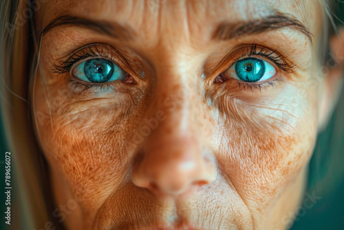 Close-up of cropped wrinkled face of an attractive blue-eyed older woman looking at the camera. Vision care, ophthalmology for the elderly, eye care, disease prevention, treatment concept