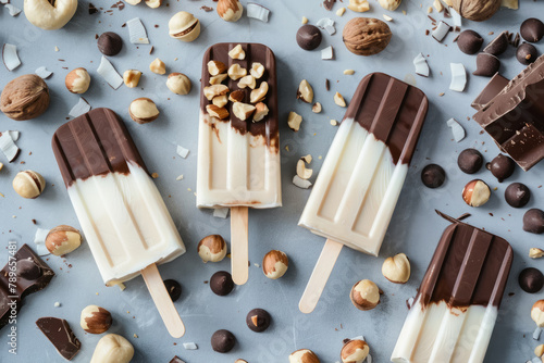 gourmet chocolate and vanilla ice pops with nuts and coconut shavings on blue background