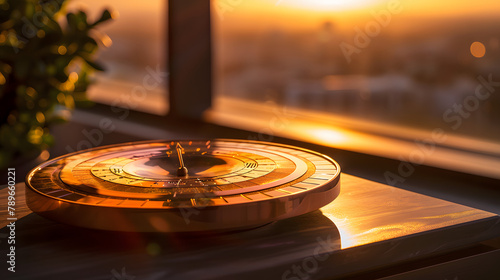 A polished sundial with radiant hues symbolizing various epochs. positioned against a twilight backdrop. The shadow on the dial creates an abstract depiction of human sentiments and experiences. 