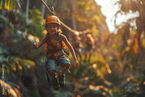A family embarking on an exciting zip-lining adventure through a lush forest canopy, soaring above the treetops with exhilaration. Concept of adrenaline-pumping family thrills. Generative Ai.