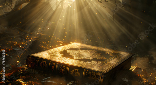 A digital AI art of the Holy Quran with rays, symbolizing spirituality and learning. Suitable for religious and educational purposes.