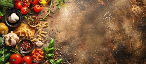 Italian food cooking ingredients including pasta, vegetables, and spices, displayed in a top view with space for text.
