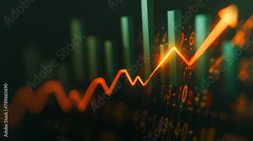 A stock market graph with an upward arrow. indicating growth and opulence. The background is dark green and black