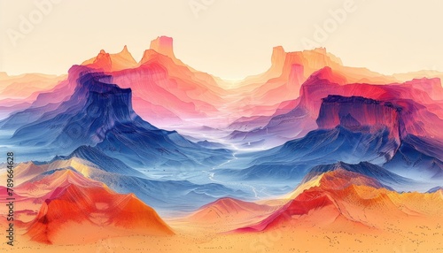 Colorful panorama of mountains landscape painting, print, hills art colored paints. Beautiful mountains and sunrise or sunset in the desert, sea, waves illustration. Stylized art mountains abstraction