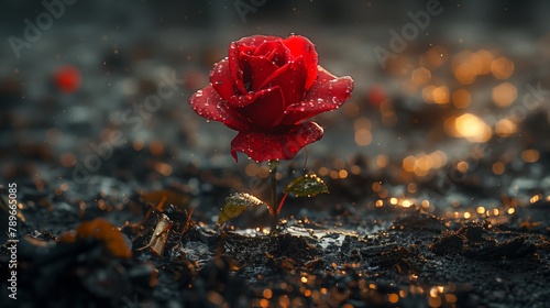 A beautiful red rose with water droplets, a flowering plant growing in the soil