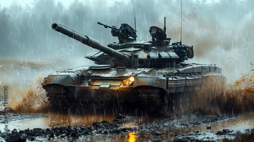 Battle Tank Charging Through Rainy Terrain, Military Power in Action