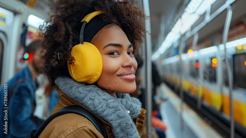 Smiling Young Woman with Yellow Earmuffs on City Train, Urban Winter Vibes