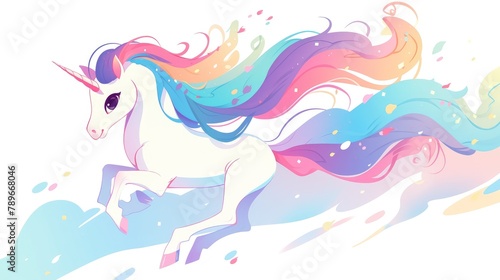 A vibrant unicorn sporting a long colorful tail is depicted against a pristine white backdrop in this dynamic 2d illustration Perfect for embellishing bags cups sketchbooks as well as servin